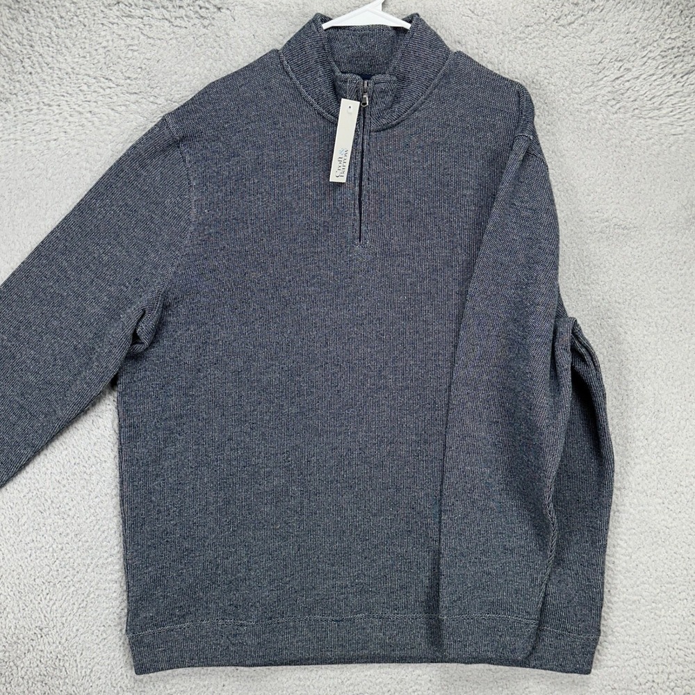 Croft Barrow Men Fleece Lined Sweater XL Navy Blue Quarter Zip Pullover Knit NEW